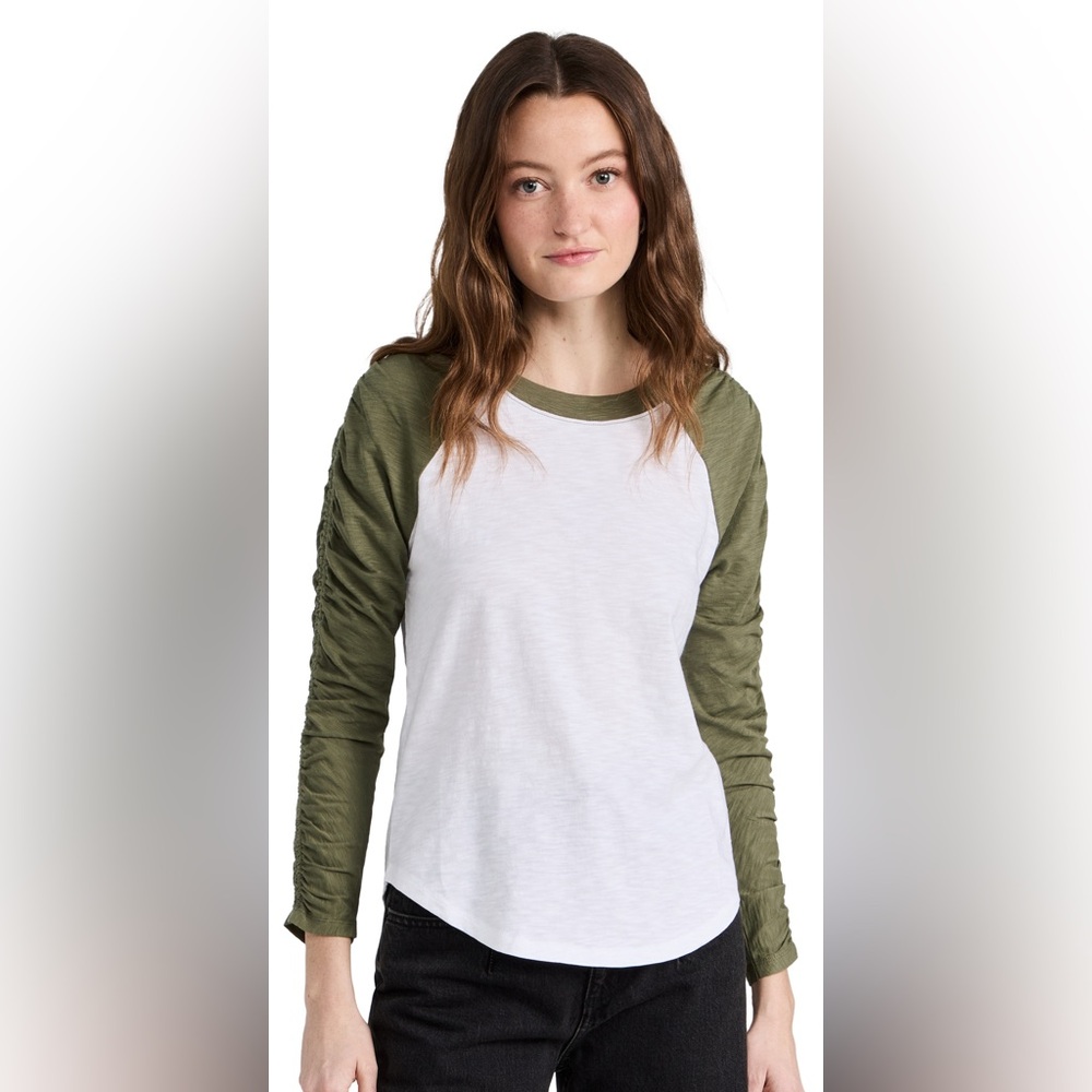 Veronica Beard Rayden Olive and White Baseball Long Sleeve Tee Size XS